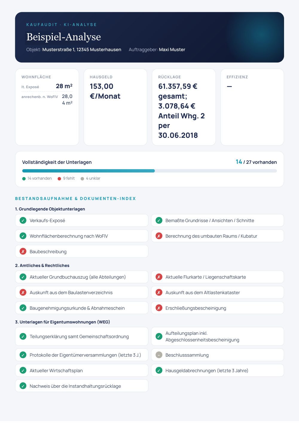 Erste Seite einer echten KaufAudit-Analyse
